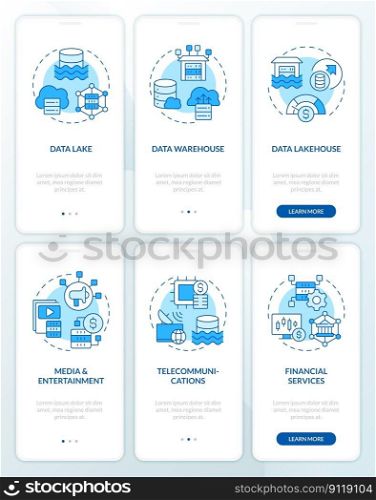 Data lake blue onboarding mobile app screens. Storage usage walkthrough 3 steps editable graphic instructions with linear concepts. UI, UX, GUI template. Myriad Pro-Bold, Regular fonts used. Data lake blue onboarding mobile app screens