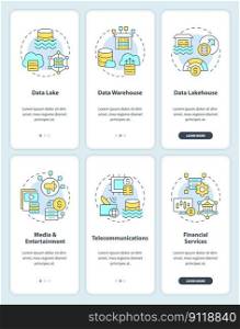 Data lake onboarding mobile app screens. Storage usage walkthrough 3 steps editable graphic instructions with linear concepts. UI, UX, GUI template. Myriad Pro-Bold, Regular fonts used. Data lake onboarding mobile app screens