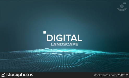 Data Landscape Vector. Energy Space. Topography Code. Array Design. Data Technology. Wave Mountain. 3D Illustration. Technology Landscape Vector. Tech Surface. Dot Land. Geometric Data. Particle Wireframe. Big Flow. 3D Illustration