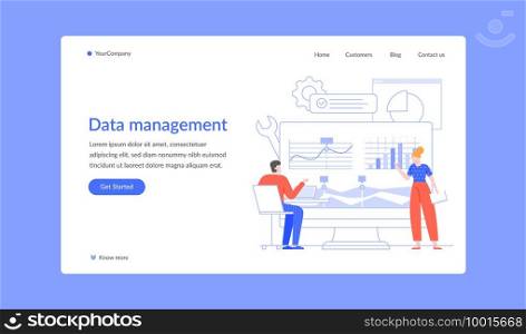 Data management analysis chart business landing page. Vector business information management, office database diagram charts cloud illustration. Data management analysis chart business landing page