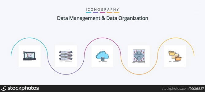 Data Management And Data Organization Line Filled Flat 5 Icon Pack Including network. data. database. download. document