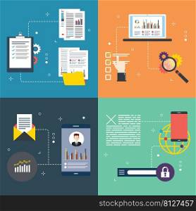 Data, management, business, report, application and analysis icons. Concepts of data management, application analysis, smartphone data and search engine app. Flat design icons in vector illustration.