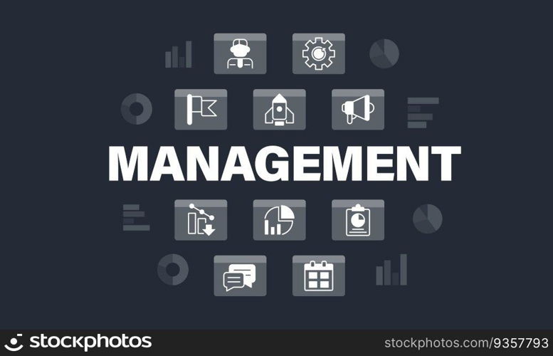 Data management word concept design template with icons. Infographics with text and editable white glyph pictograms. Vector illustration for web banner, presentation. Montserrat font used. Data management word concept design template with icons