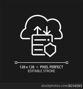 Data migration to cloud pixel perfect white linear icon for dark theme. Data transfer to online storage. Innovative technology. Thin line illustration. Isolated symbol for night mode. Editable stroke. Data migration to cloud pixel perfect white linear icon for dark theme