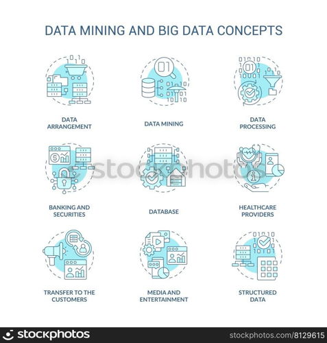 Data mining and big data turquoise concept icons set. Database analysis idea thin line color illustrations. Database. Isolated symbols. Editable stroke. Roboto-Medium, Myriad Pro-Bold fonts used. Data mining and big data turquoise concept icons set