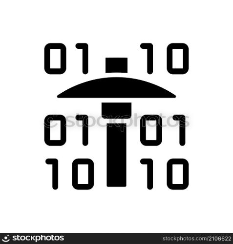 Data mining black glyph icon. Exploration of virtual information massive. Binary code and pick. Development technology. Silhouette symbol on white space. Vector isolated illustration. Data mining black glyph icon