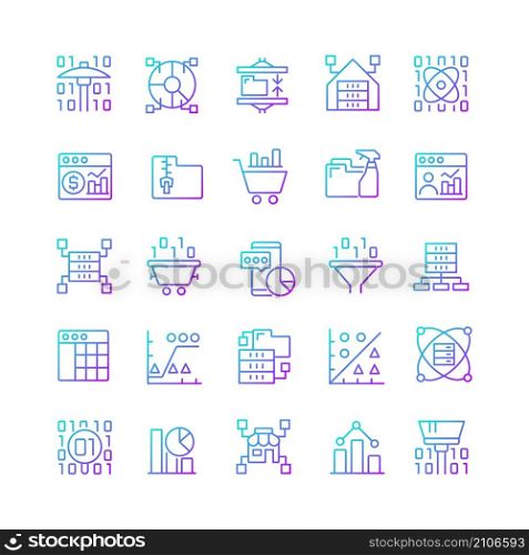 Data mining gradient linear vector icons set. Knowledge discovering in data. Analyze and storage information. Thin line contour symbols bundle. Isolated outline illustrations collection. Data mining gradient linear vector icons set