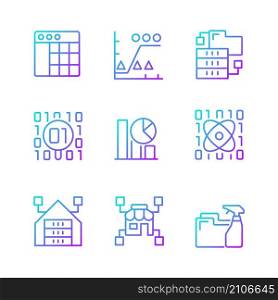 Data mining in industry gradient linear vector icons set. Knowledge discovering in data. Analyze and storage information. Thin line contour symbols bundle. Isolated outline illustrations collection. Data mining in industry gradient linear vector icons set