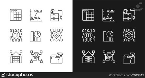Data mining in industry linear pixel perfect icons set for dark and light mode. Knowledge discovering in data. Customizable thin line symbols. Isolated vector outline illustrations. Data mining in industry linear pixel perfect icons set for dark and light mode