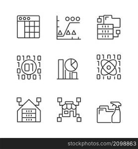 Data mining in industry linear pixel perfect icons set. Knowledge discovering in data. Analyze and storage information. Customizable thin line contour symbols. Isolated vector outline illustrations. Data mining in industry linear pixel perfect icons set
