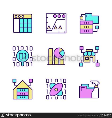 Data mining in industry RGB color pixel perfect icons set. Knowledge discovering in data. Analyze and storage information. Isolated vector illustrations. Simple filled line drawings collection. Data mining in industry RGB color pixel perfect icons set