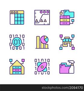 Data mining in industry RGB color pixel perfect icons set. Knowledge discovering in data. Analyze and storage information. Isolated vector illustrations. Simple filled line drawings collection. Data mining in industry RGB color pixel perfect icons set