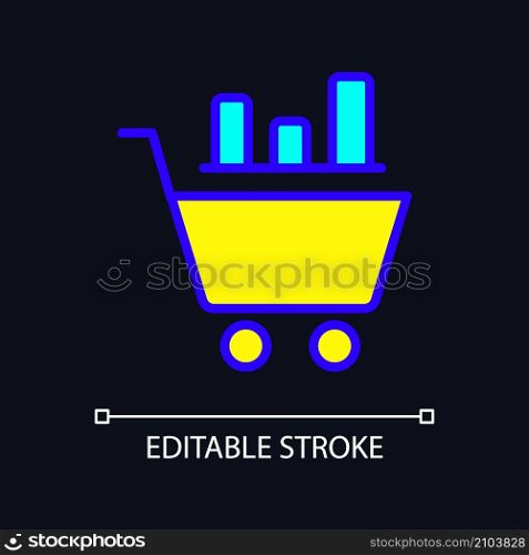 Data mining in retail industry RGB color pixel perfect icon for dark theme. Customer behavior researching. Simple filled line drawing on night mode background. Editable stroke. Arial font used. Data mining in retail industry RGB color pixel perfect icon for dark theme