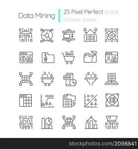 Data mining linear perfect pixel icons set. Knowledge discovering in data. Customizable thin line contour symbols. Isolated vector outline illustrations. Editable stroke. Quicksand-Light font used. Data mining linear perfect pixel icons set