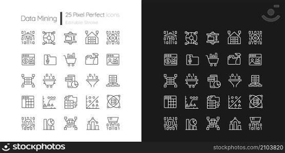 Data mining linear pixel perfect icons set for dark and light mode. Customizable thin line symbols. Isolated vector outline illustrations. Editable stroke. Quicksand-Light font used. Data mining linear pixel perfect icons set for dark and light mode