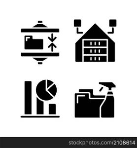 Data mining processes black glyph icons set on white space. Extract, analyze and keeping digital information. Technology development for progress. Silhouette symbols. Vector isolated illustration. Data mining processes black glyph icons set on white space