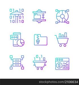 Data mining processes gradient linear vector icons set. Machine learning. Analyze and storage data. Science and technology. Thin line contour symbols bundle. Isolated outline illustrations collection. Data mining processes gradient linear vector icons set