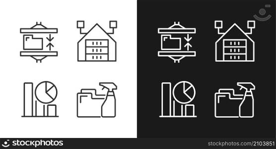 Data mining processes linear pixel perfect icons set for dark and light mode. Extract, analyze and keeping digital information. Customizable thin line symbols. Isolated vector outline illustrations. Data mining processes linear pixel perfect icons set for dark and light mode