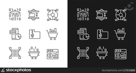 Data mining processes linear pixel perfect icons set for dark and light mode. Machine learning. Analyze and storage data. Customizable thin line symbols. Isolated vector outline illustrations. Data mining processes linear pixel perfect icons set for dark and light mode