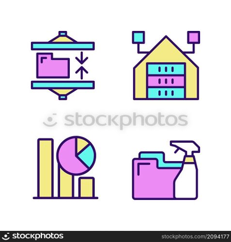 Data mining processes RGB color pixel perfect icons set. Extract, analyze and keeping information. Technology development. Isolated vector illustrations. Simple filled line drawings collection. Data mining processes RGB color pixel perfect icons set