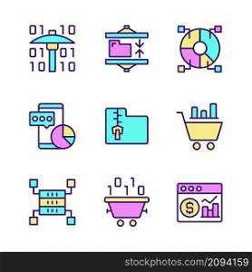 Data mining processes RGB color pixel perfect icons set. Machine learning. Analyze and storage data. Science and technology. Isolated vector illustrations. Simple filled line drawings collection. Data mining processes RGB color pixel perfect icons set