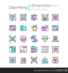 Data mining RGB color pixel perfect icons set. Knowledge discovering in data. Isolated vector illustrations. Simple filled line drawings collection. Editable stroke. Quicksand-Light font used. Data mining RGB color pixel perfect icons set