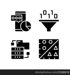 Data mining tools black glyph icons set on white space. Techniques to extract and analyze information. Virtual researching for development. Silhouette symbols. Vector isolated illustration. Data mining tools black glyph icons set on white space