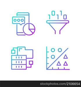Data mining tools gradient linear vector icons set. Techniques to extract and analyze information. Virtual research. Thin line contour symbols bundle. Isolated outline illustrations collection. Data mining tools gradient linear vector icons set