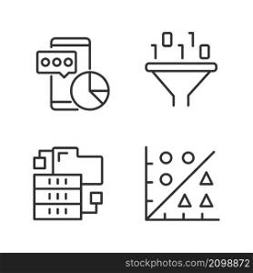 Data mining tools linear perfect pixel icons set. Techniques to extract and analyze information. Virtual research. Customizable thin line contour symbols. Isolated vector outline illustrations. Data mining tools linear perfect pixel icons set