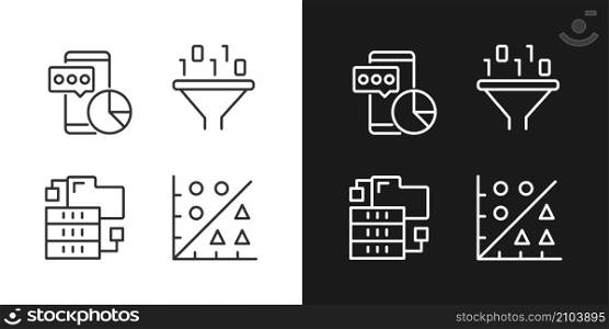 Data mining tools linear pixel perfect icons set for dark and light mode. Techniques to extract and analyze information. Customizable thin line symbols. Isolated vector outline illustrations. Data mining tools linear pixel perfect icons set for dark and light mode