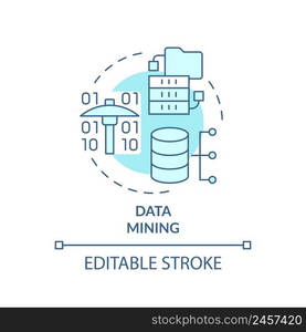 Data mining turquoise concept icon. Business intelligence technique abstract idea thin line illustration. Analyze datasets. Isolated outline drawing. Editable stroke. Arial, Myriad Pro-Bold fonts used. Data mining turquoise concept icon