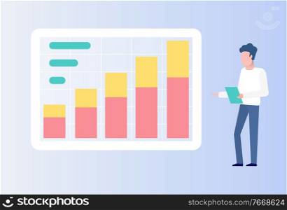 Data on business stats and project results vector, male giving report reading from paper document, isolated person with screen and infochart info. Business Man Giving Presentation with Information