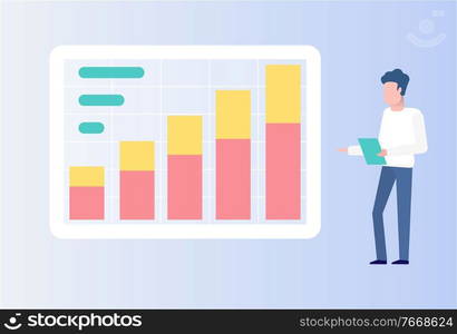 Data on business stats and project results vector, male giving report reading from paper document, isolated person with screen and infochart info. Business Man Giving Presentation with Information