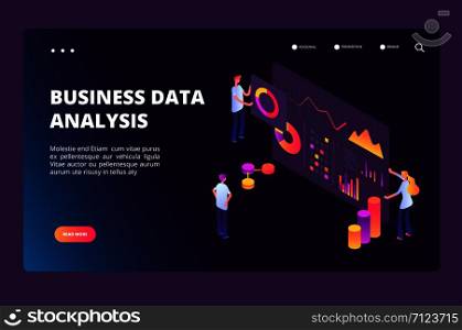 Data optimization isometric concept. Person with analysis analytics chart. Business technology, market positioning vector landing page. Illustratiuon of marketing analytics chart. Data optimization isometric concept. Person with analysis analytics chart. Business technology, market positioning vector landing page