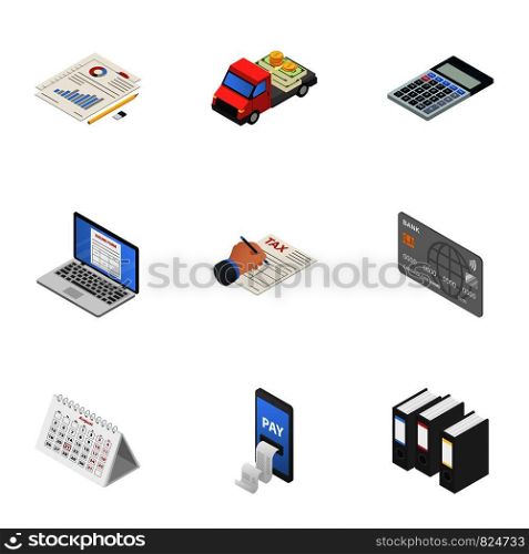 Data play icons set. Isometric set of 9 data play vector icons for web isolated on white background. Data play icons set, isometric style