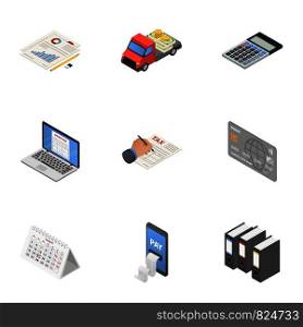 Data play icons set. Isometric set of 9 data play vector icons for web isolated on white background. Data play icons set, isometric style