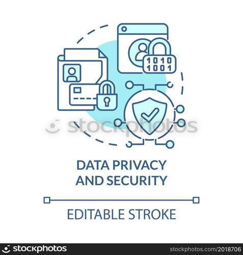 Data privacy and security blue concept icon. Online entrepreneurship risk abstract idea thin line illustration. Encrypting sensitive files. Vector isolated outline color drawing. Editable stroke. Data privacy and security blue concept icon