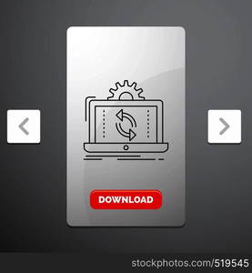 data, processing, Analysis, reporting, sync Line Icon in Carousal Pagination Slider Design & Red Download Button. Vector EPS10 Abstract Template background