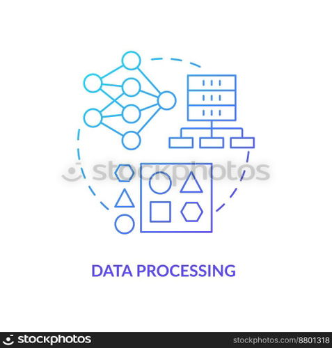 Data processing blue gradient concept icon. Virtual operation. Work with digital information stage abstract idea thin line illustration. Isolated outline drawing. Myriad Pro-Bold font used. Data processing blue gradient concept icon