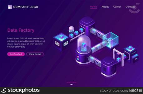 Data processing factory, isometric technology concept vector. Server with glass dome and virtual object, conveyor belt with transporting data, ultraviolet landing web page with blue neon icons. Data processing factory, isometric technology