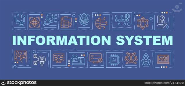 Data processing system word concepts dark blue banner. Technology industry. Infographics with icons on color background. Isolated typography. Vector illustration with text. Arial-Black font used. Data processing system word concepts dark blue banner