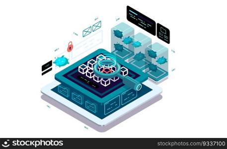 Data protection, anti-virus system, protection against malicious programs and applications.. Data protection, anti-virus system, protection against malicious programs and applications. Data visualization concept. 3d isometric vector illustration.