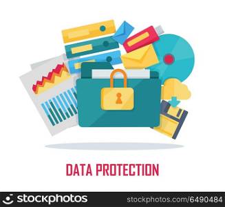 Data Protection Banner. Data protection banner. Blue folder lock icon on white background. File protection. Data security and privacy concept. Safe confidential information. Vector illustration in flat style.