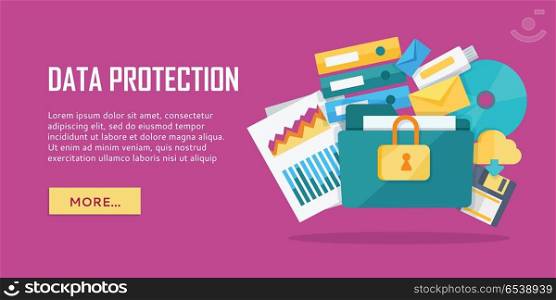 Data Protection Banner. Data protection banner. Blue folder lock icon on white background. File protection. Data security and privacy concept. Safe confidential information. Vector illustration in flat style.