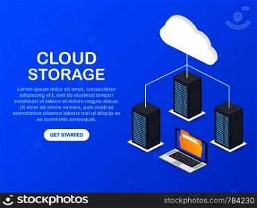 Data protection cloud storage design flat concept. Online storage sign symbol icon. Storage and cloud, cloud computing. Vector stock illustration.