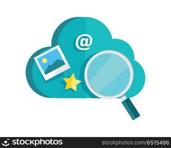 Data Protection Cloud Storage. Information Search. Data protection cloud storage design flat concept. Search for information. Online storage sign symbol icon. Cloud computing, cloud backup, network internet web connection. Saving information. Vector
