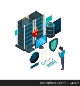 Data protection concept. Cyber security self identity protocol safe software access garish vector isometric pictures. Illustration cyber software, data internet privacy. Data protection concept. Cyber security self identity protocol safe software access garish vector isometric pictures