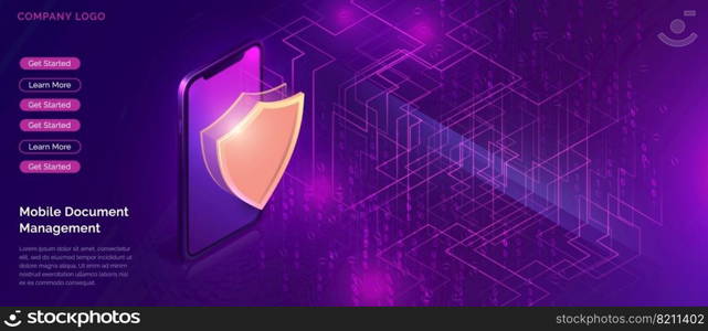 Data protection concept, online security guarantee, isometric vector. Smartphone, golden shield guards personal information on its screen, purple background with digital data stream, landing web page. Data protection concept, online security guarantee