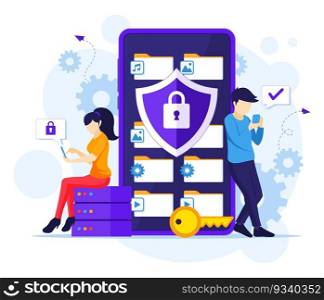 Data protection concept, people protecting data and files on a giant smartphone vector illustration