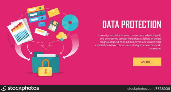 Data protection concept web banner. Flat style. Internet security. Folder secured by lock, documents with indexes, binders, e-mail, letters, cloud, discs icons. For cloud services, encryption app ad. Data Protection Video Web Banner in Flat Style. Data Protection Video Web Banner in Flat Style